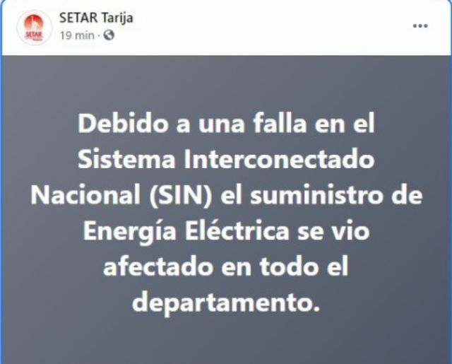Setar atribuye al SIN el corte de luz en todo el departamento