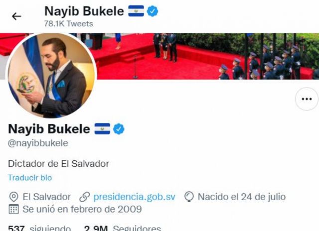 Nayib Bukele escribe ‘Dictador de El Salvador’ en su biografía de Twitter