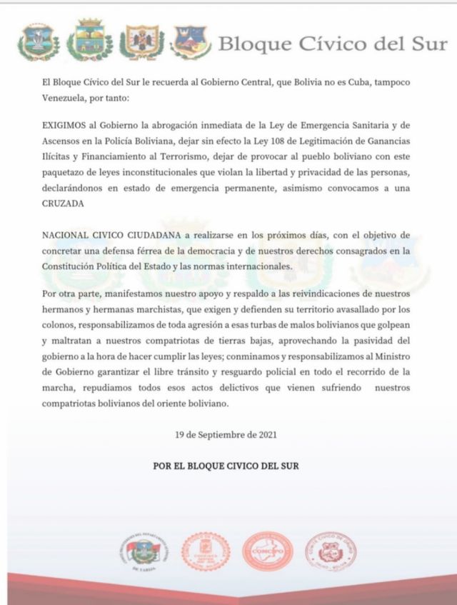 El Bloque Cívico del Sur pide al Gobierno abrogar 3 leyes, entre ellas la Ley de Ganancias Ilícitas 