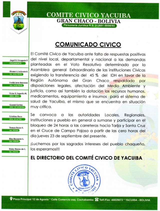 Cívicos de Yacuiba convocan a bloqueo de carreteras el jueves