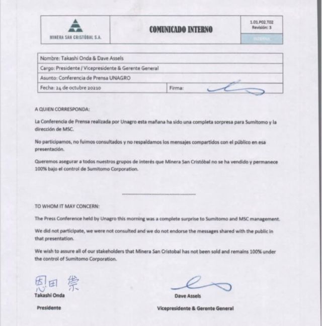 Sumitomo niega haber vendido la Minera San Cristóbal