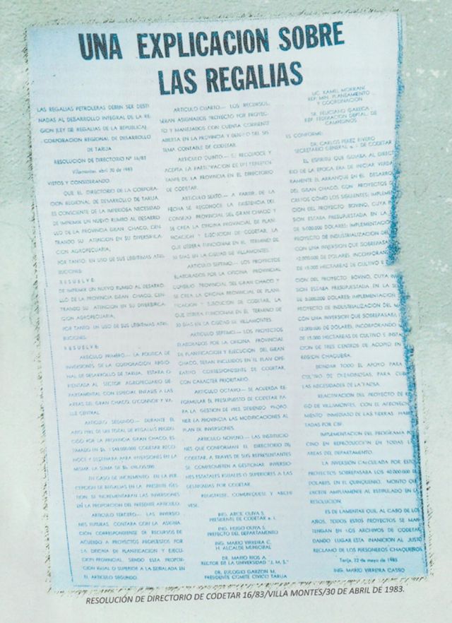 Anexo Informe del tesoro departamental de Tarija sobre las regalías. Año 1954