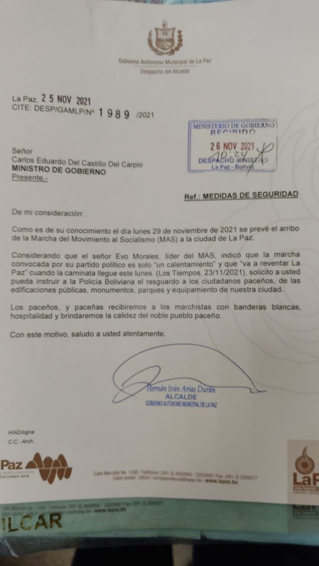 Arias pide al Ministro de Gobierno resguardo para la ciudad de La Paz ante marcha liderada por Evo