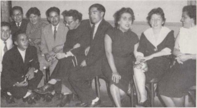 Club Social, 1960. Reunión Colegio Antonio. Sentados. Julio Calvo, María Jurado,  Augusto Guerrero, Esteban Migliacci (Director) Atiliano Auza, Teresa Vásquez,  Wilma Zambrana