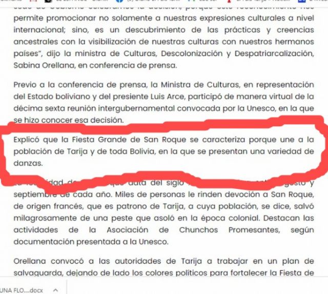 Ministra de Culturas dice que en la Fiesta Grande de San Roque "se presentan variedad de danzas", según ABI
