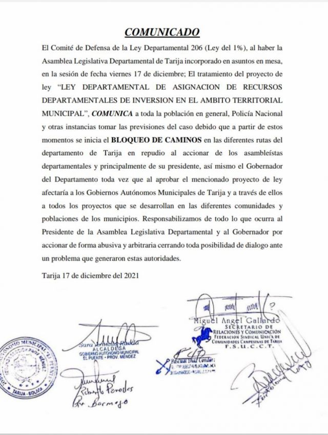 Campesinos y municipios inician bloqueo de caminos en Tarija contra los cambios en la Ley del 1%