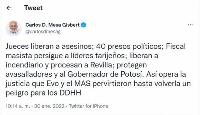 Mesa acusa a Evo y al MAS de pervertir la justicia y volverla un peligro para los DDHH