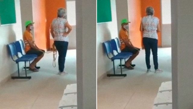 Una mujer lleva atado con una cuerda a su marido hasta un puesto de salud para que lo vacunen contra el Covid-19 en Brasil (Video)