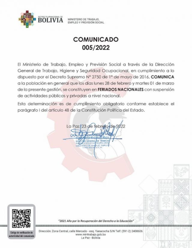 Trabajo confirma feriados para el lunes y martes