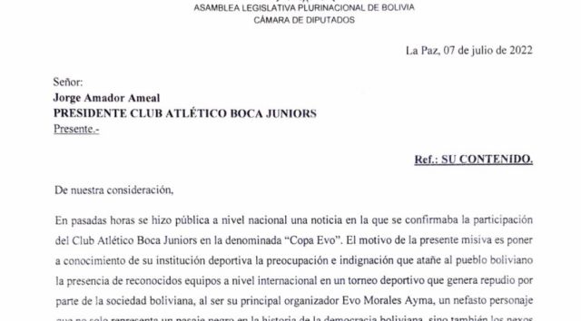 CC pide a equipos del exterior no participar en la Copa Evo, para que no ser inmiscuidos en narcovínculos