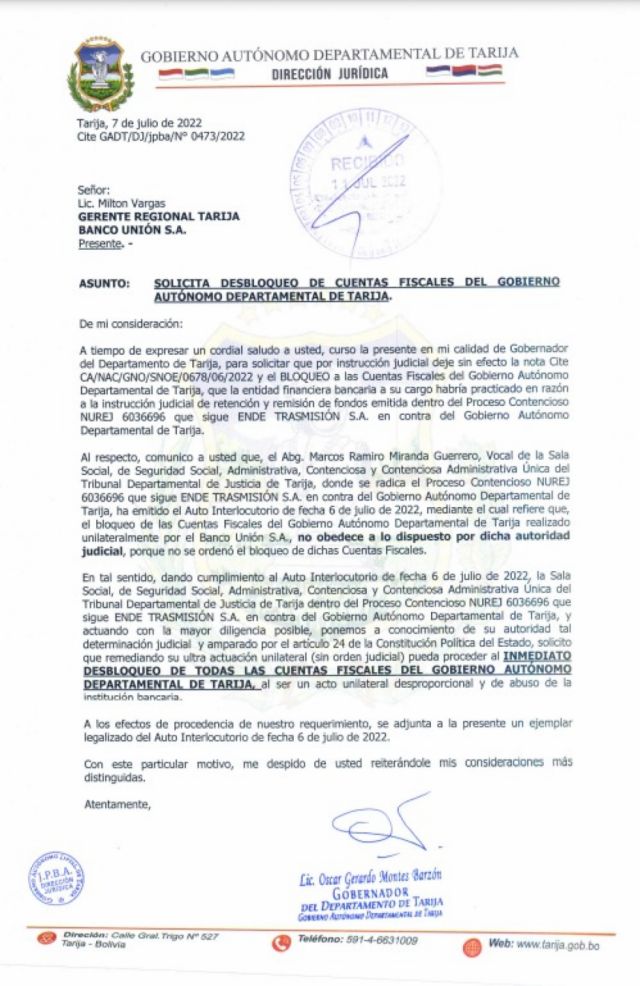 Gobernación de Tarija exige desbloquear sus cuentas fiscales