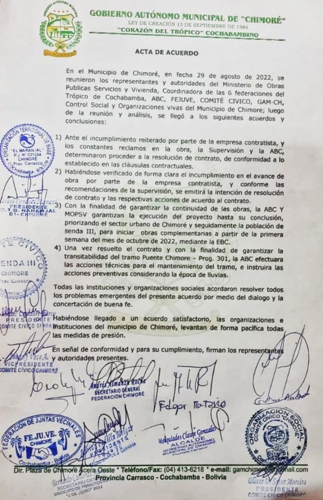 Suspenden los bloqueos en Chimoré