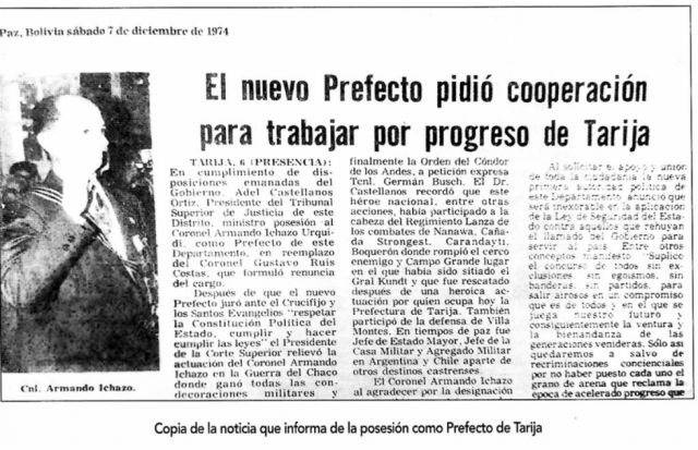 Copia de la noticia que informa de la posesión como Prefecto de Tarija