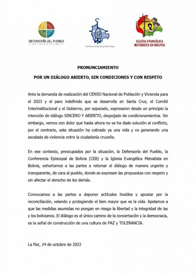 Preocupadas por el conflicto, Defensoría y las iglesias católica y evangélica urgen al diálogo y reconciliación