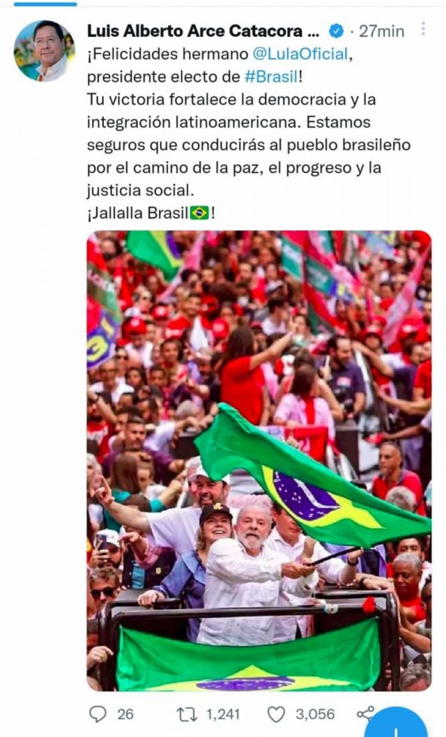 Arce saluda la victoria de Lula en Brasil