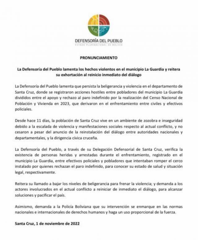 Defensoría del Pueblo exhorta a cesar violencia en La Guardia 