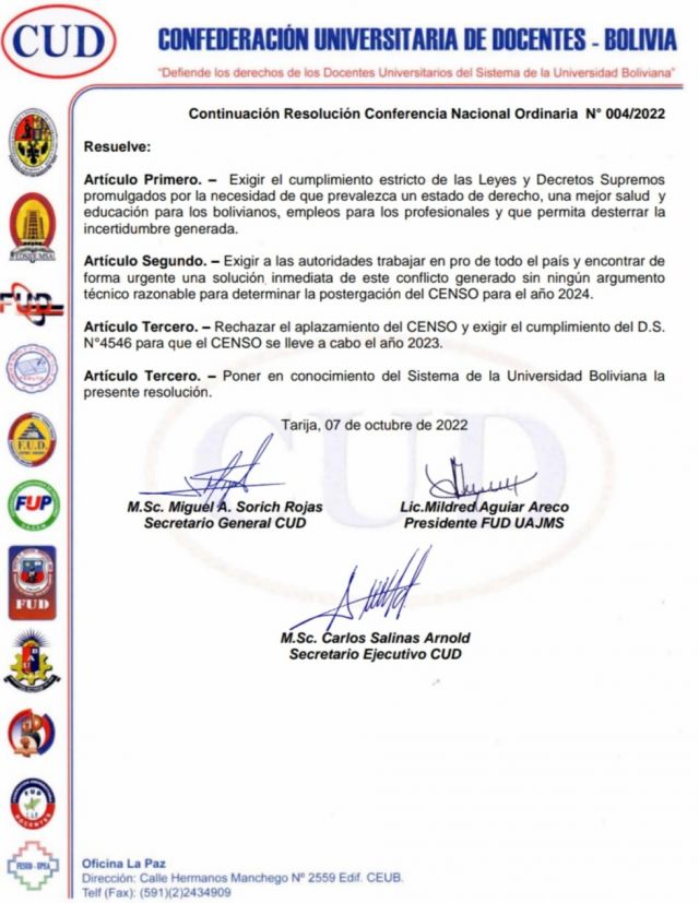 Confederación Universitaria de Docentes exige que el censo sea en 2023