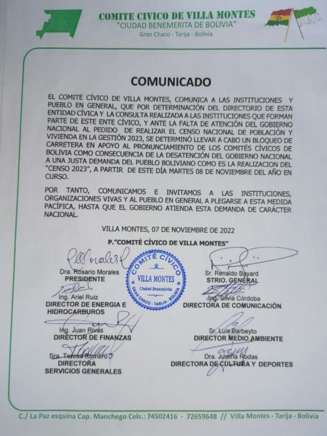 Cívicos de Villa Montes anuncian bloqueo por el Censo 