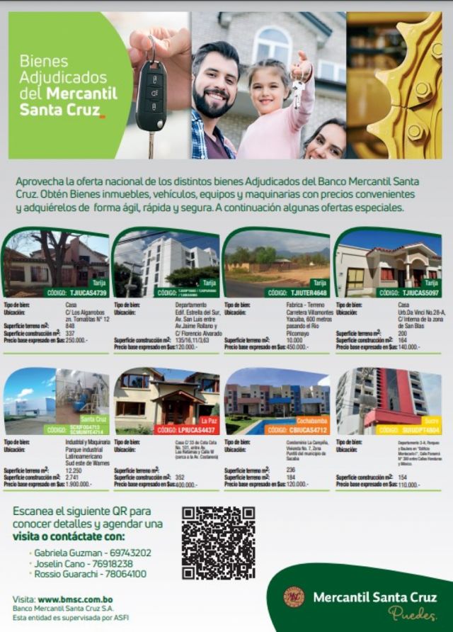 El banco Mercantil Santa Cruz tiene inmuebles y equipos en oferta