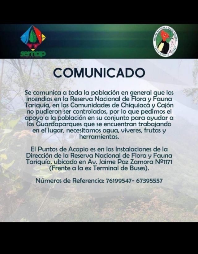 Incendio en Tariquía es incontrolable, piden ayuda solidaria
