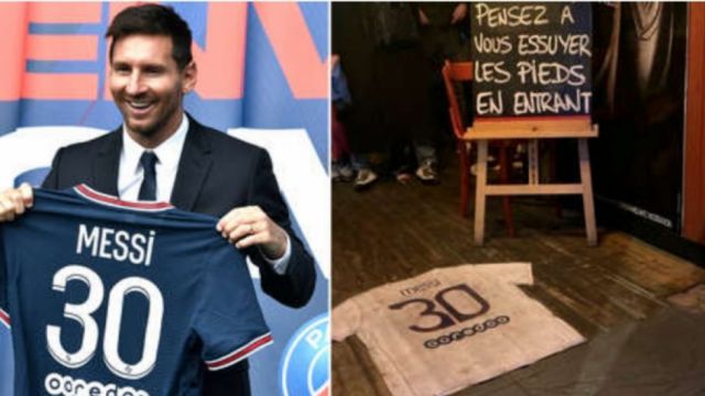 "No olvides limpiarte los pies": Usan una camiseta de Messi como alfombra en un bar de Francia