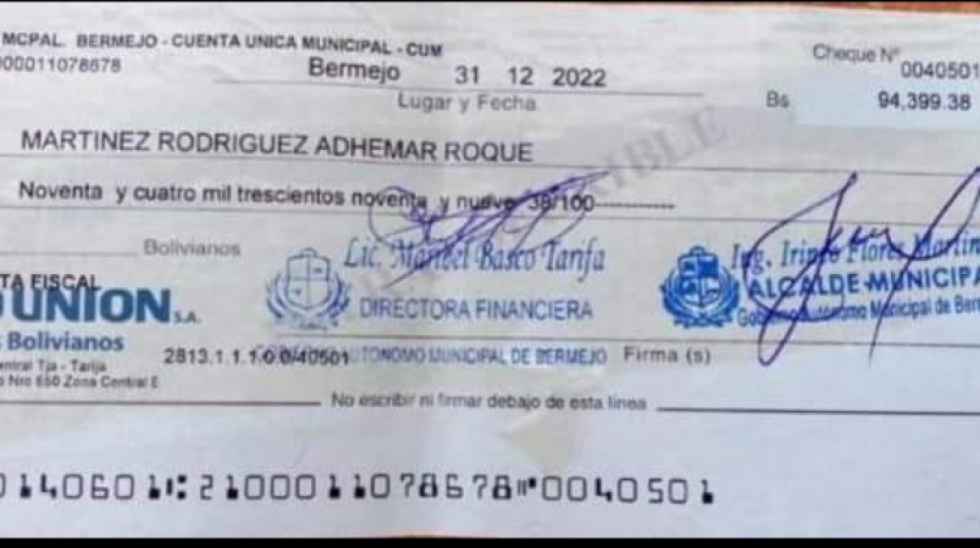 Alcalde de Bermejo pagó a su familiar Bs 94.399 por una obra de adjudicación directa
