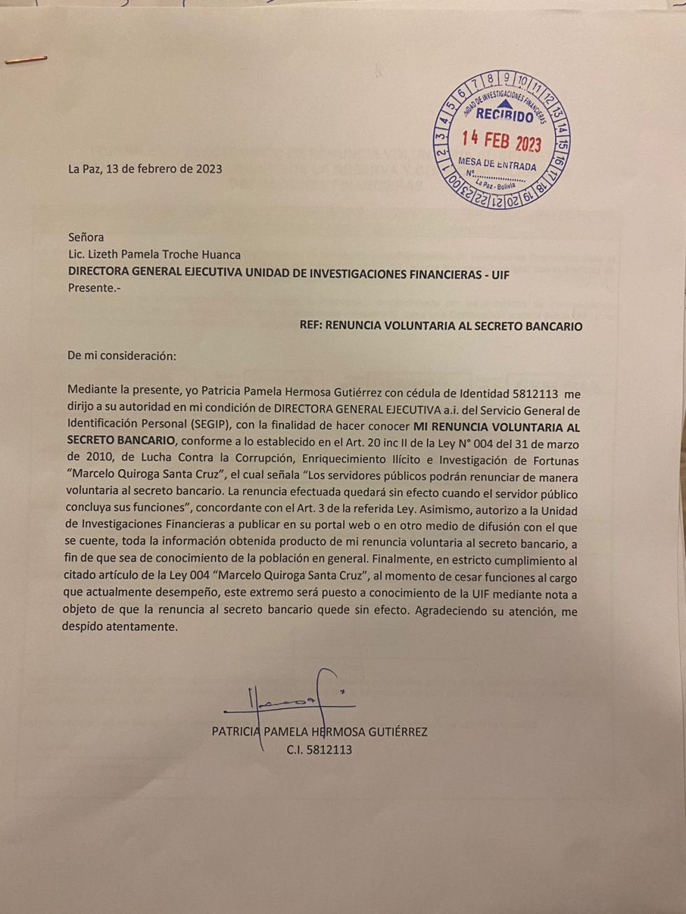 Patricia Hermosa, directora del Segip, renunció al secreto bancario