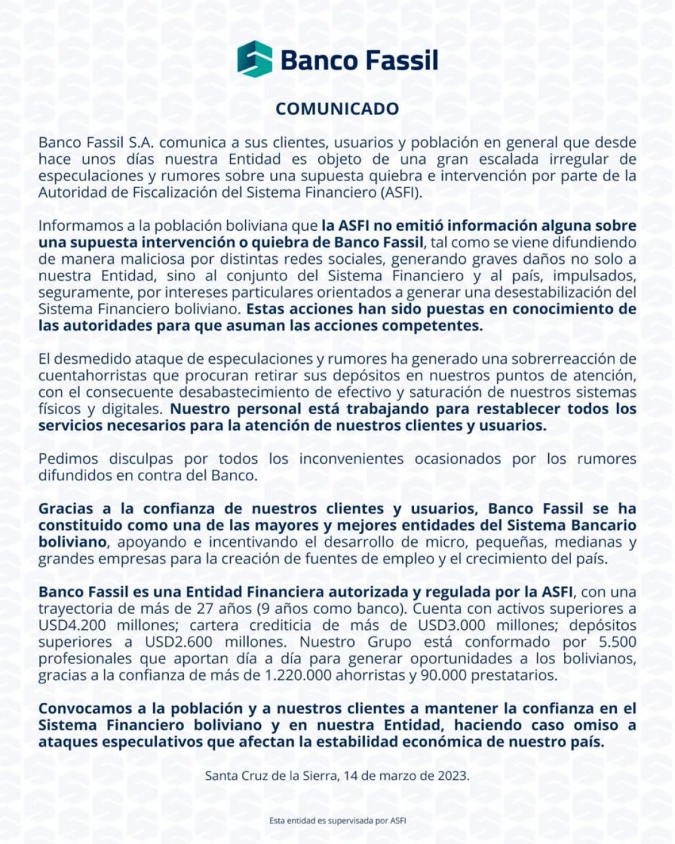 Banco Fassil asegura que cuenta con $us 4.200 millones en activos