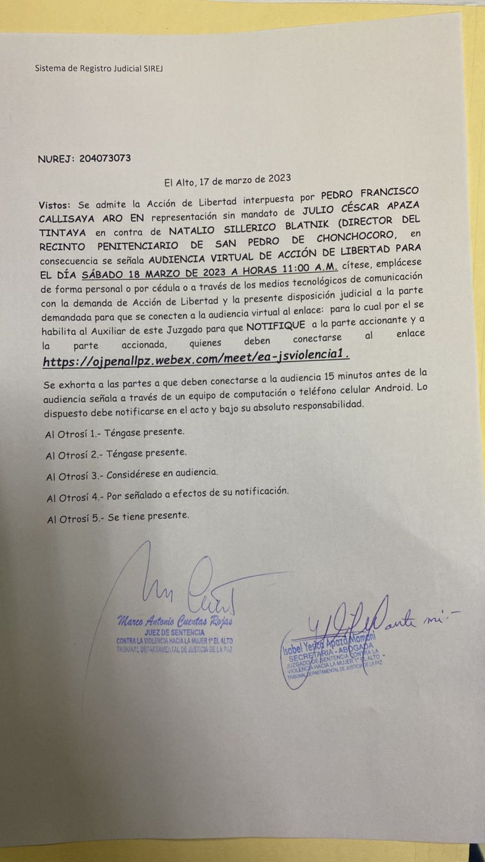 Defensor del Pueblo presenta acción de libertad para César Apaza