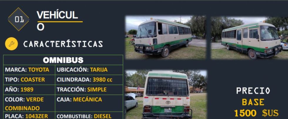 DIRCABI subastará en Tarija 6 bienes incautados, vea el catálogo aquí