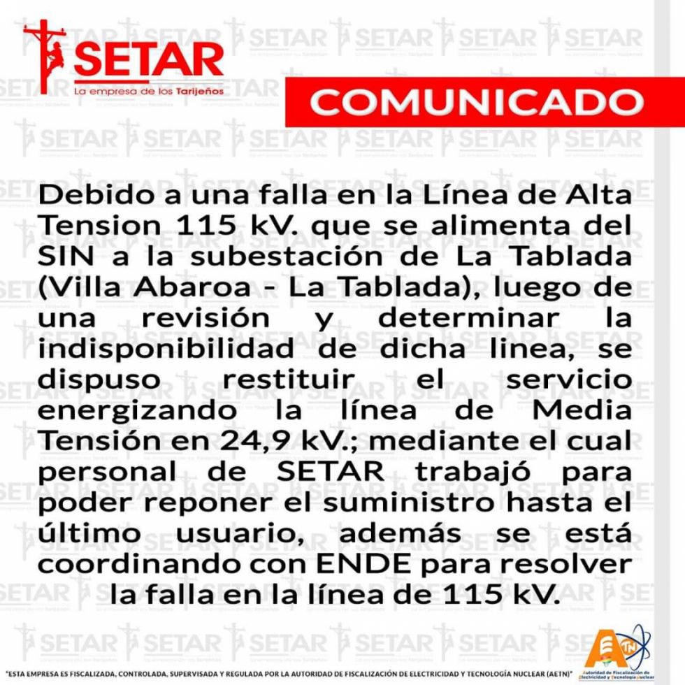 Setar anuncia que Ende hará inspección tras corte de energía
