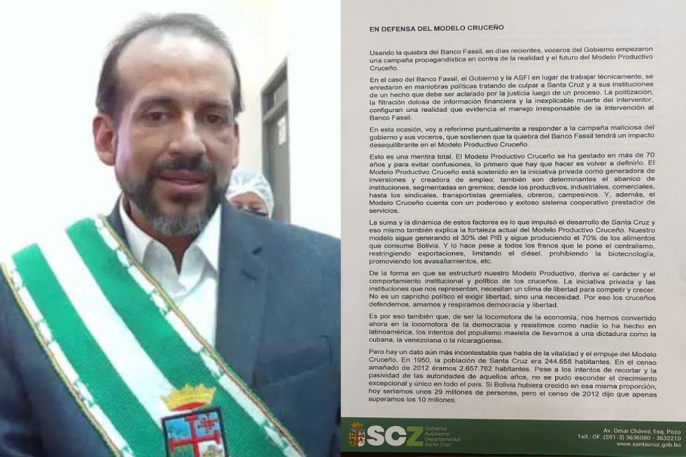 Camacho afirma que la quiebra de un banco no impactará en la fuerza del Modelo Productivo Cruceño