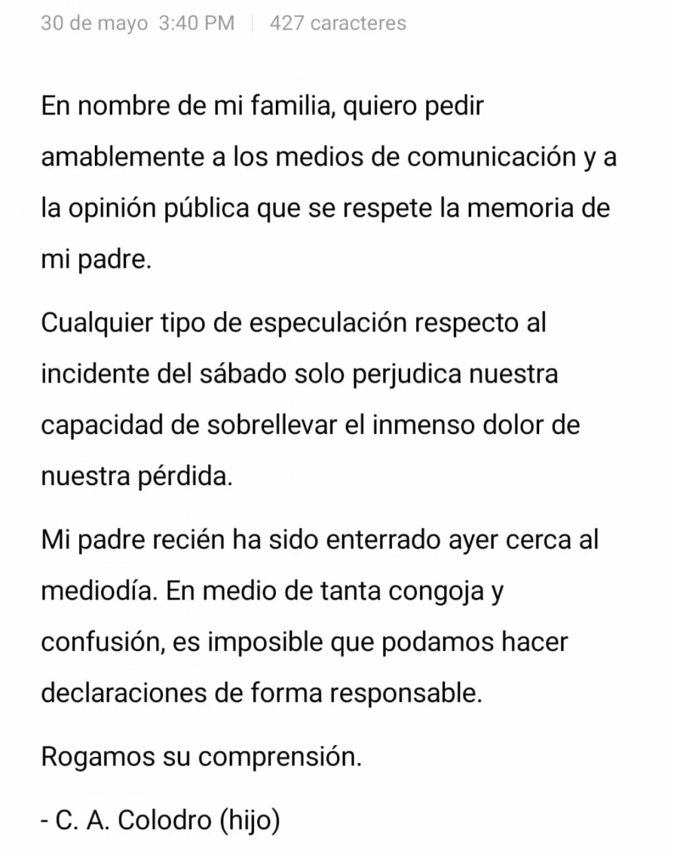 Familia de Carlos Colodro pide evitar especulaciones sobre el fallecimiento del exinterventor