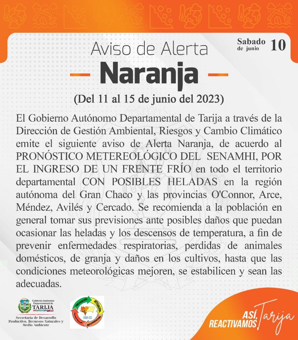 Tarija a -2º: Emiten alerta naranja por ingreso de frente frío