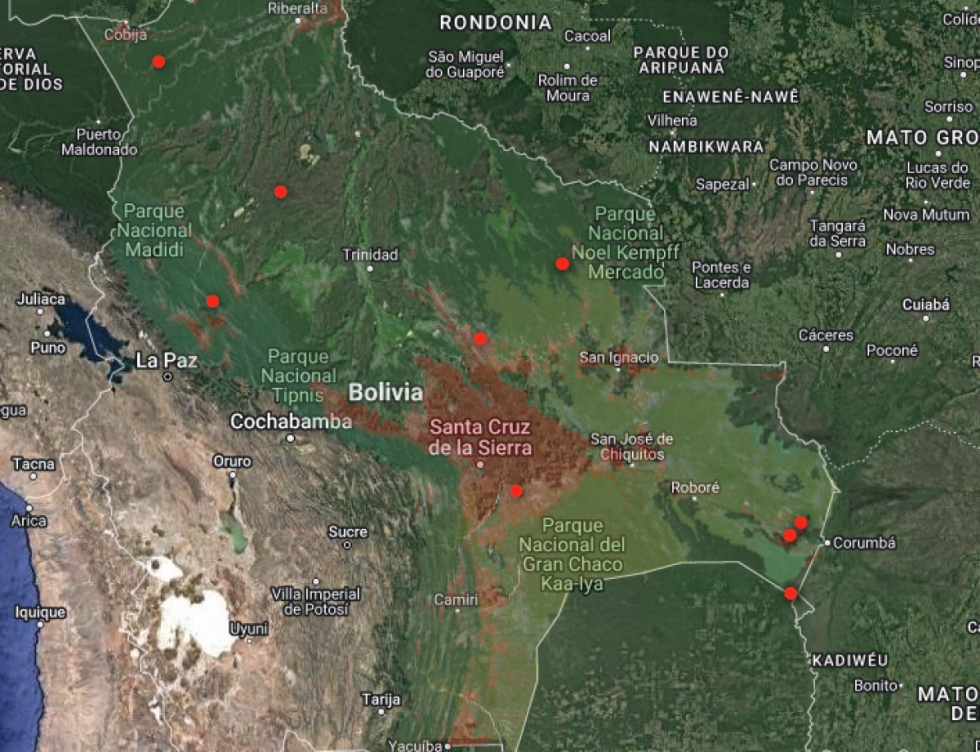 En Bolivia se registran 385 focos de calor distribuidos en seis departamentos