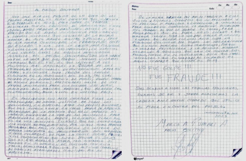 En una carta, Pumari dice que Evo es el "único culpable de la crisis de 2019"