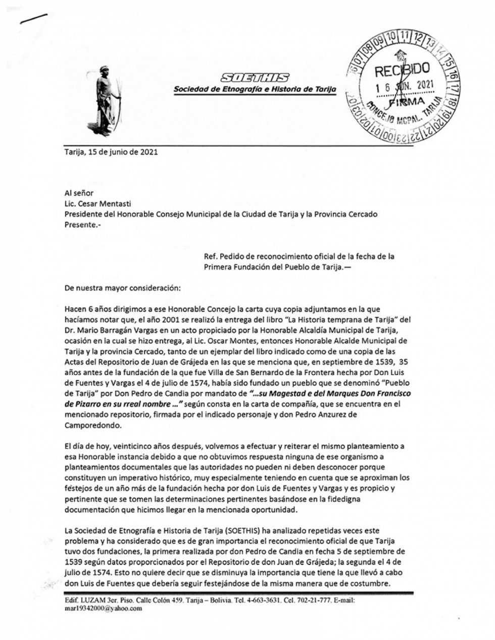 Carta 1º fundacion de Tarija 1