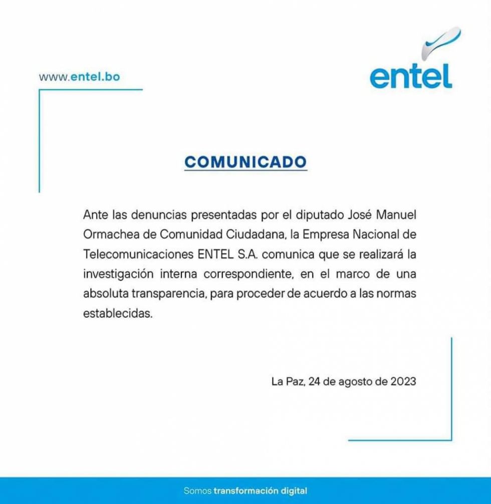 ENTEL anuncia investigación interna por "fiesta" en sus instalaciones en La Paz