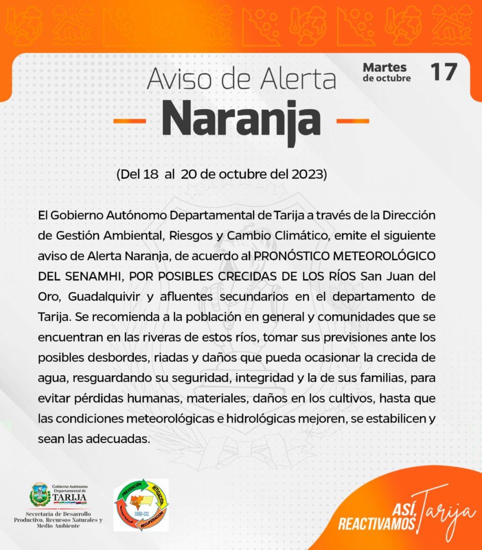 Emiten aviso de "Alerta Naranja" ante posibles crecidas de ríos en Tarija