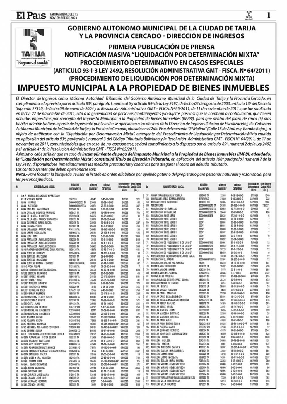 Lista de deudores del Impuesto Municipal a la Propiedad de Bienes Inmuebles Tarija