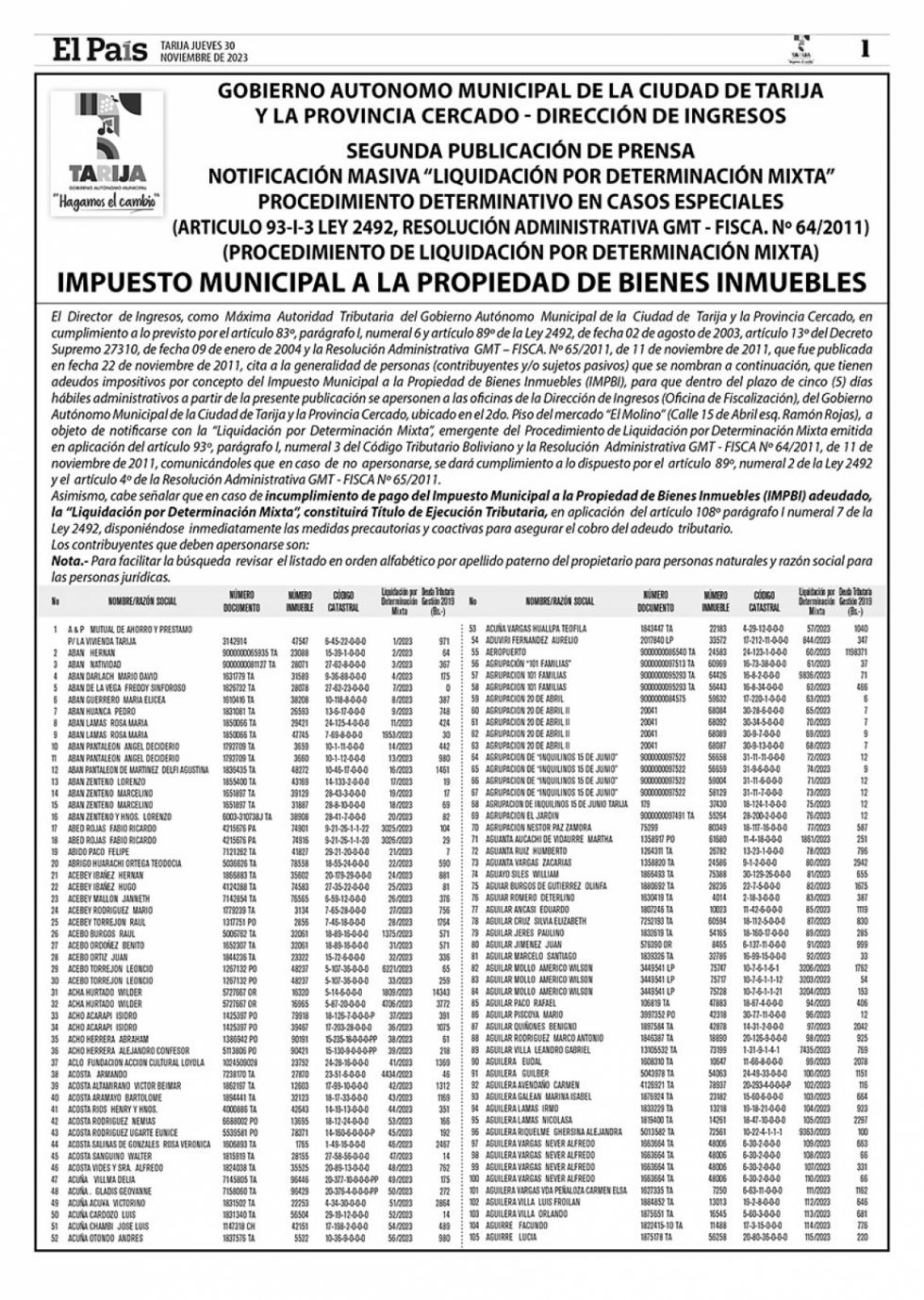 Segunda notificación masiva de deudores de Impuestos Municipales Tarija
