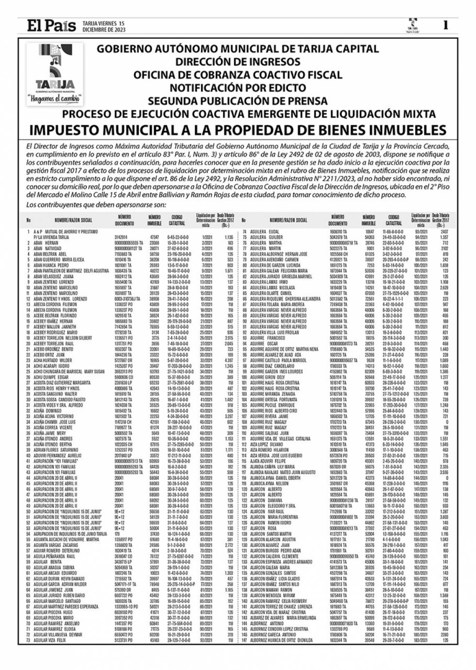 Segundo aviso de ejecución coactiva por impago de Impuesto de Bienes en Tarija 