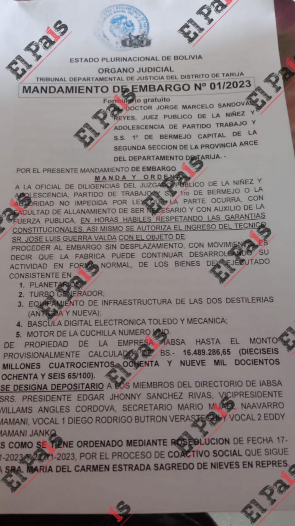 Ordenan embargo de bienes de IABSA por deuda de Bs. 16 millones a cañeros