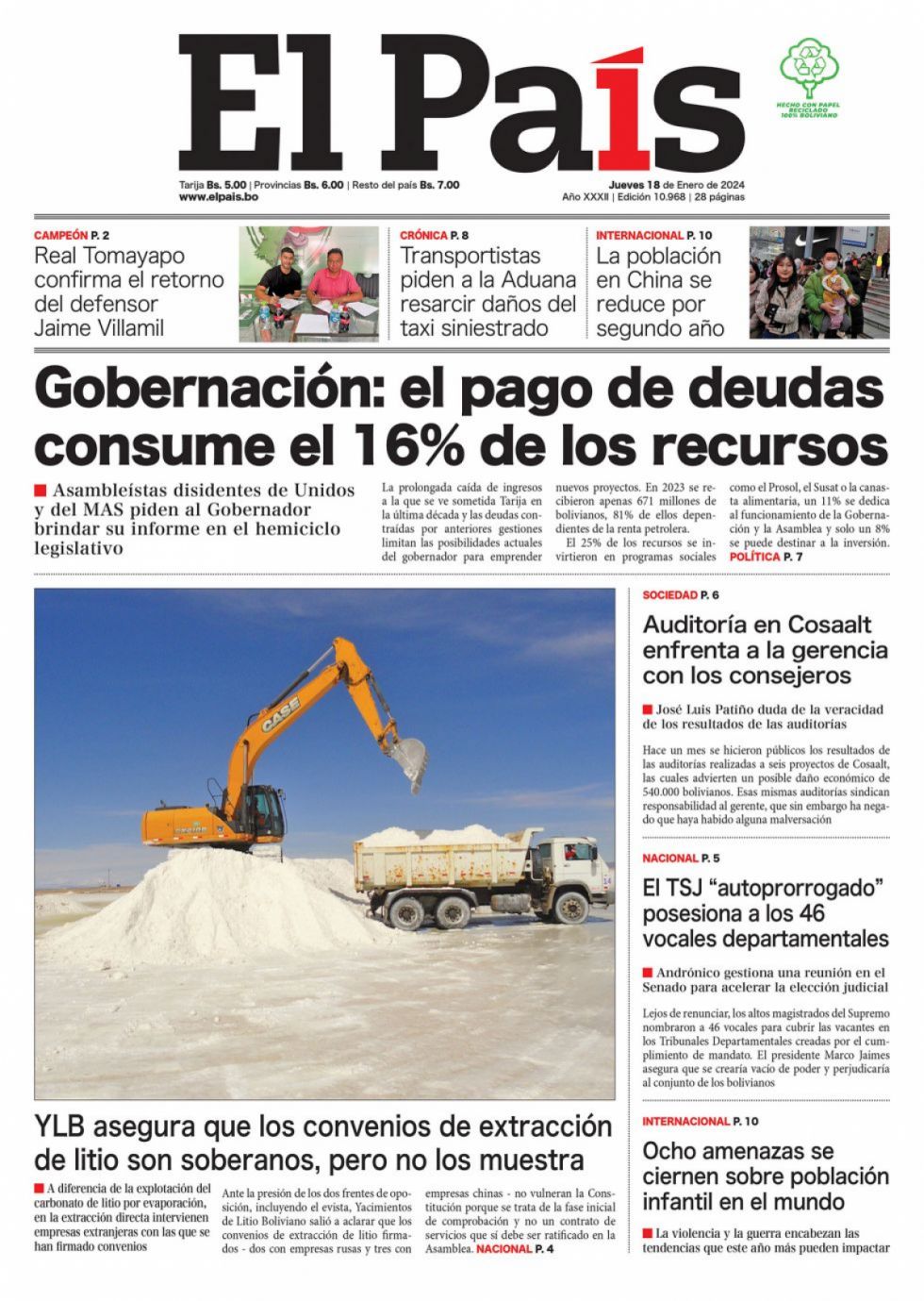 Las deudas de la Gober; los misterios del litio; los fichajes chapacos... Lee las impresicindibles de hoy
