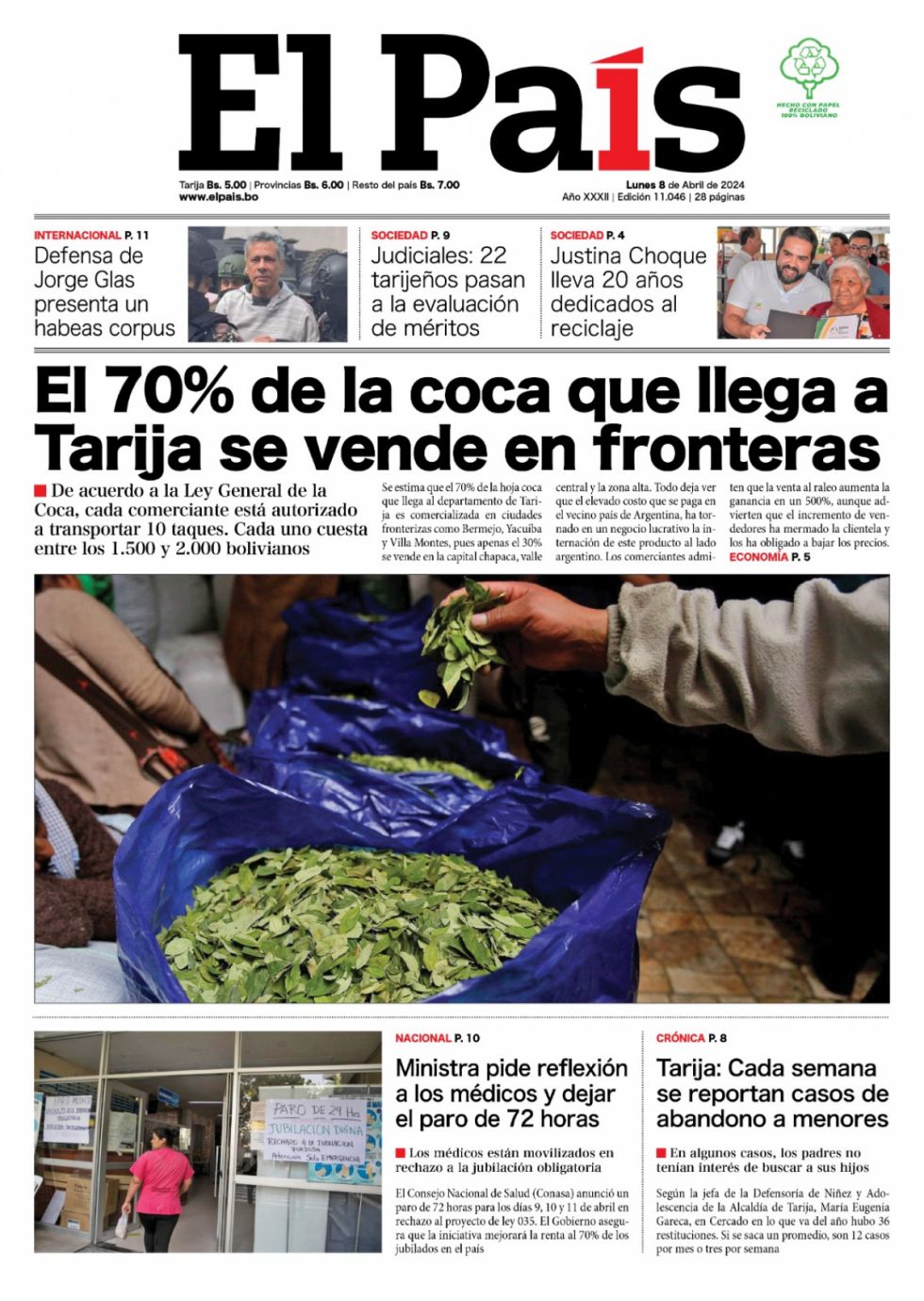 La coca de frontera, paro médico, Glas, Tomayapo, Pablo Canedo...: Lee las imprescindibles de hoy
