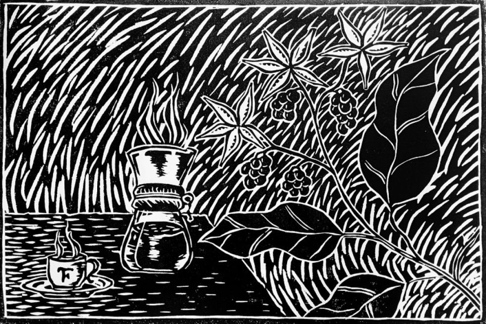Un cafecito en la hacienda, xilografía de Edwin Mejía (Potosí)