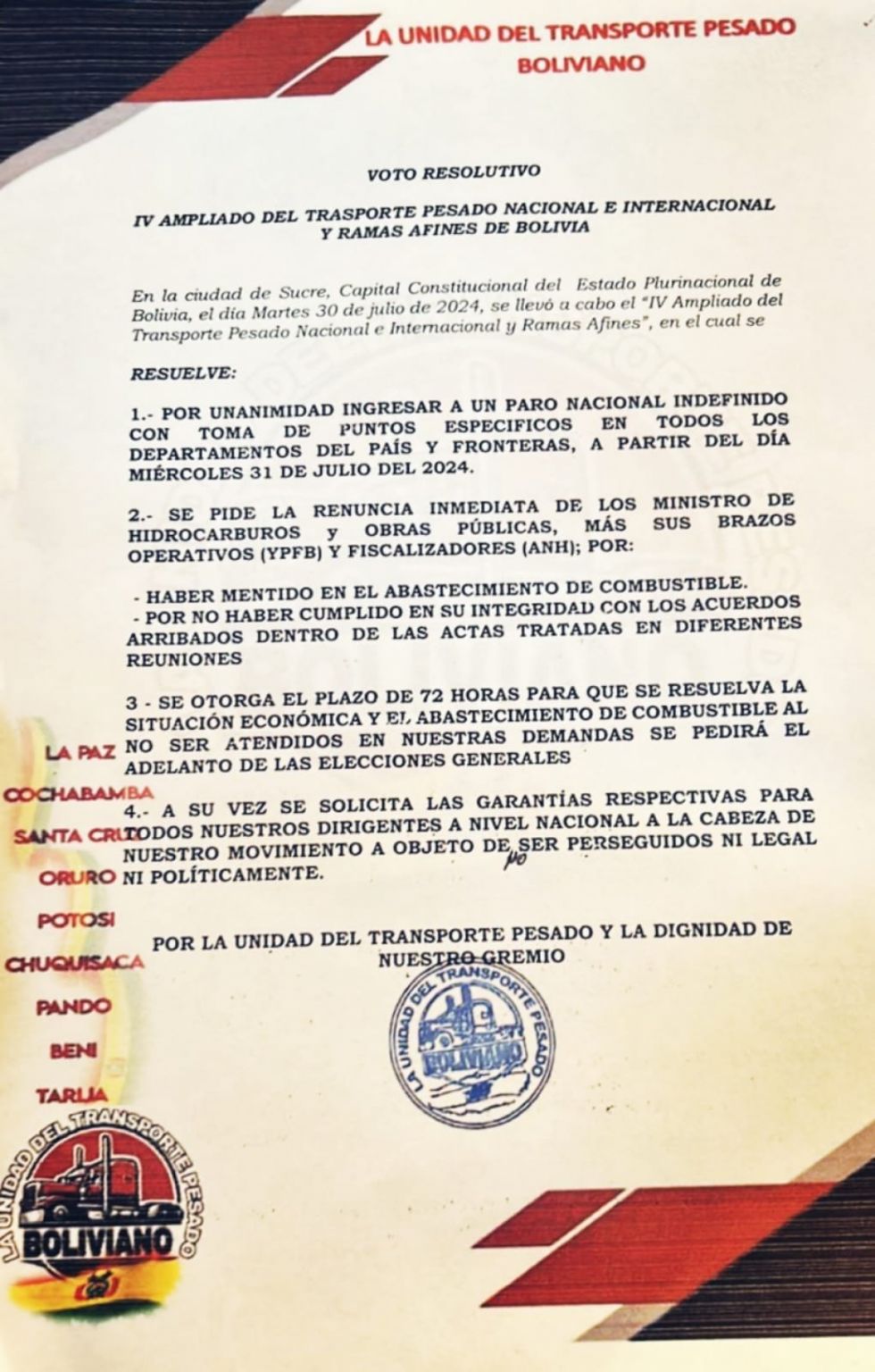 Transporte pesado va al paro y amenaza con pedir adelanto de elecciones generales