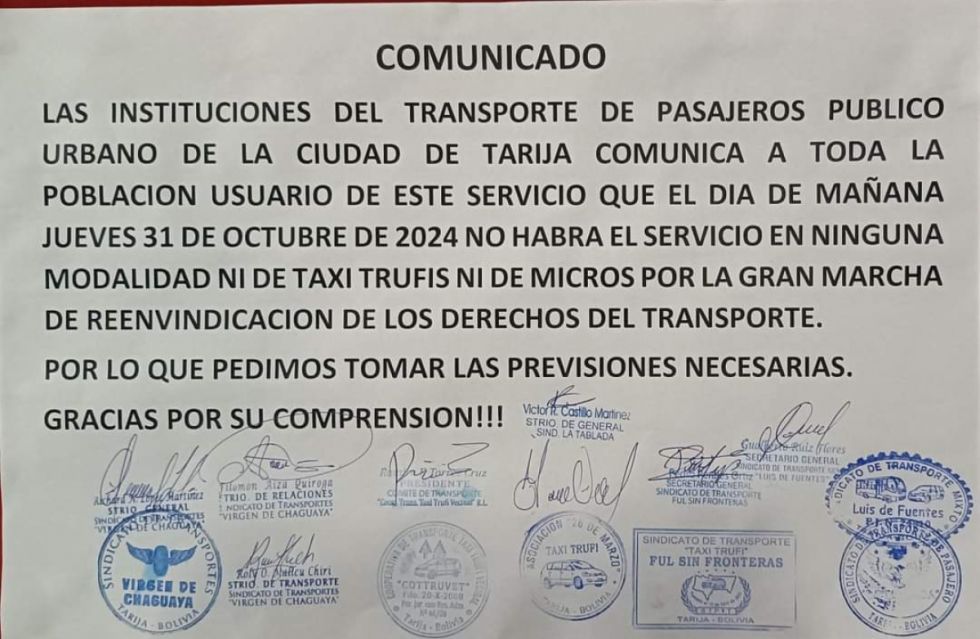 Transporte urbano de Tarija anuncia paro para este jueves