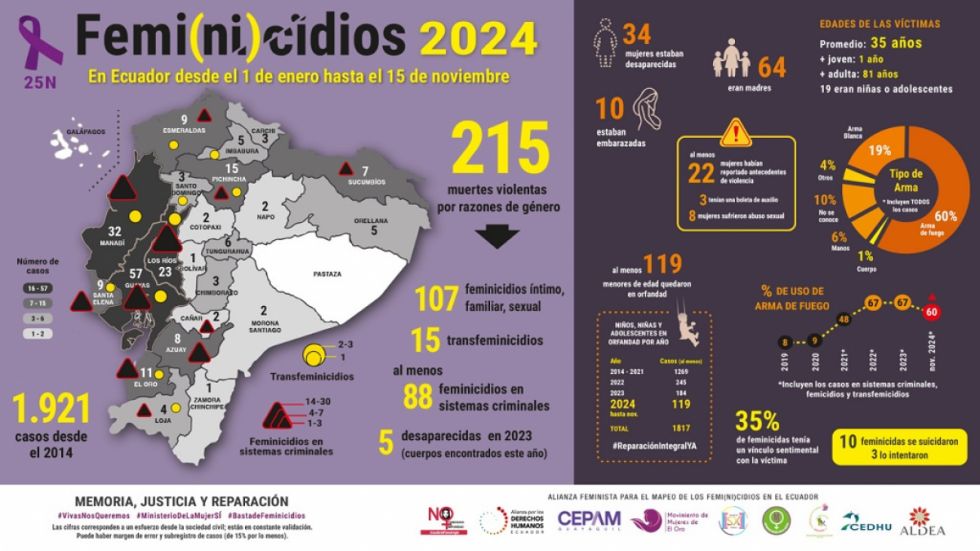 Alianza feminista: Ecuador registra 215 feminicidios en 2024