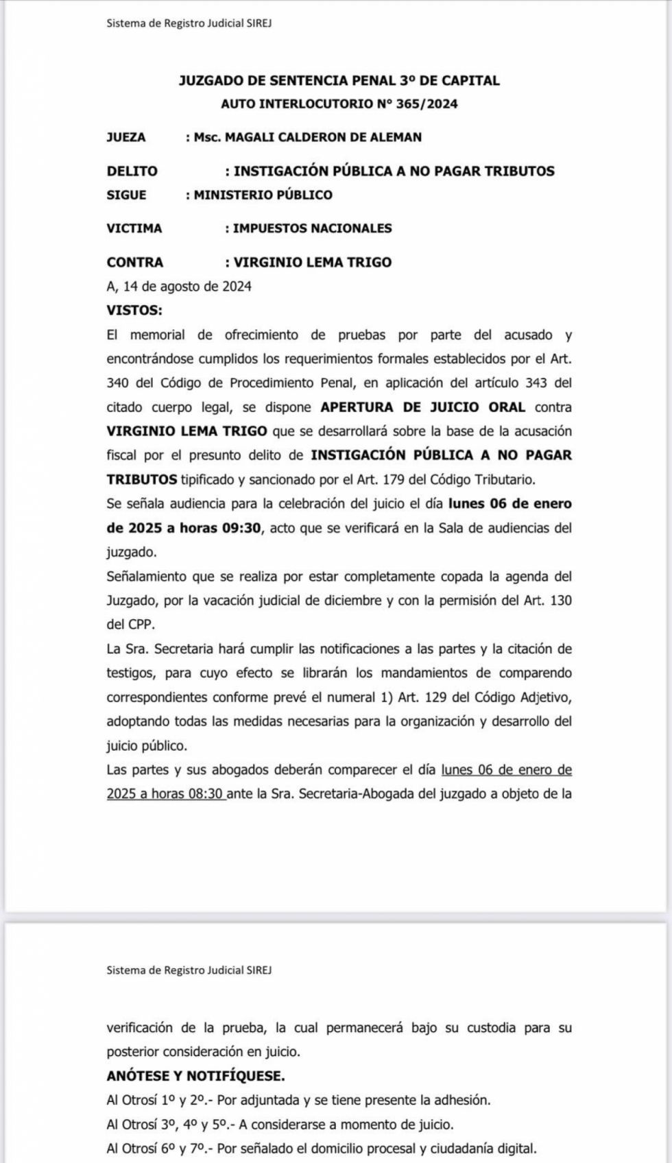Abren juicio oral a Virginio Lema por "instigar a no pagar impuestos"